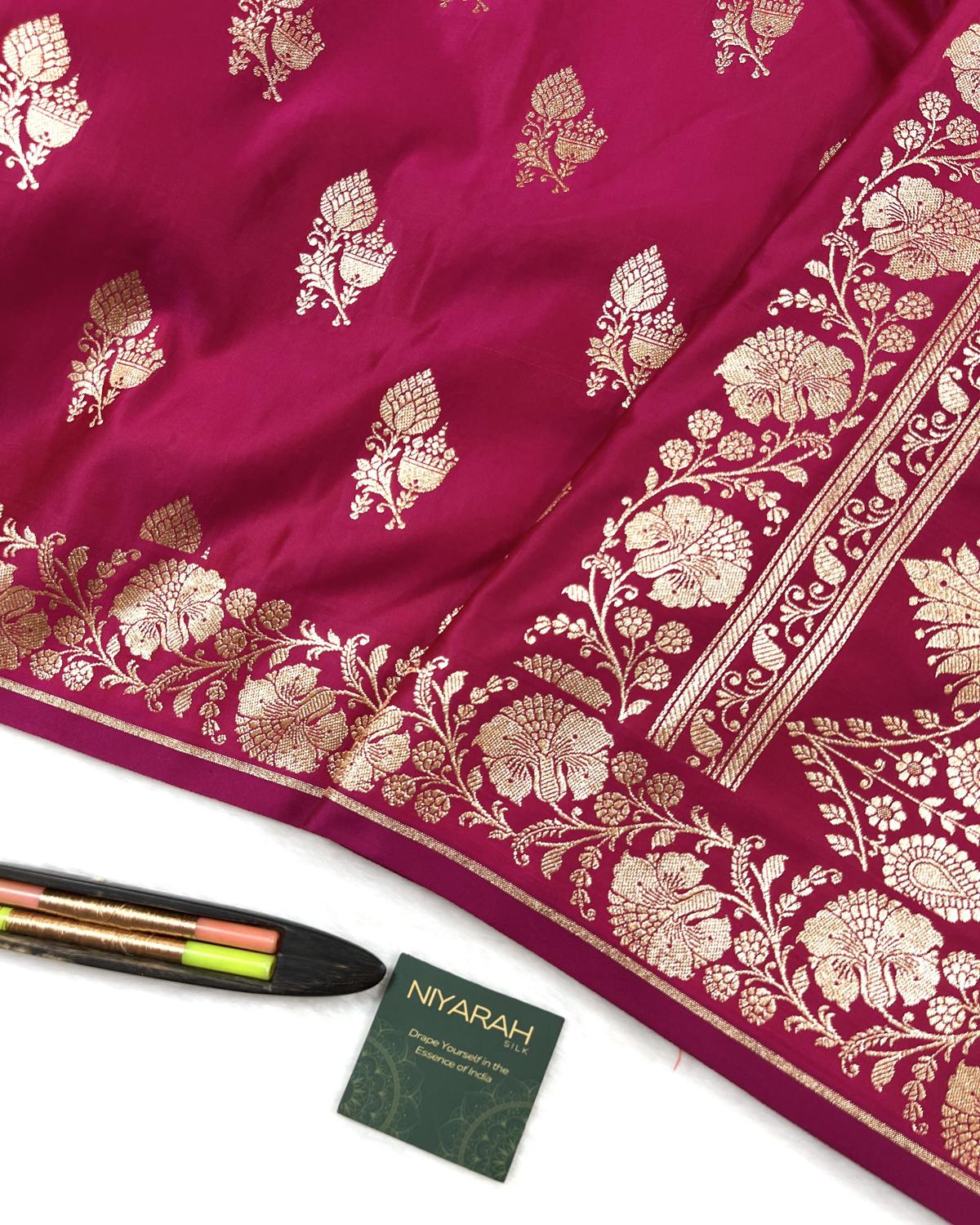 Rani Pink Shades Banarasi Floral Double booti Mashru Katan Silk Saree