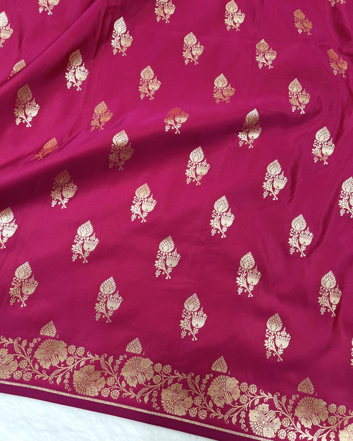 Rani Pink Shades Banarasi Floral Double booti Mashru Katan Silk Saree