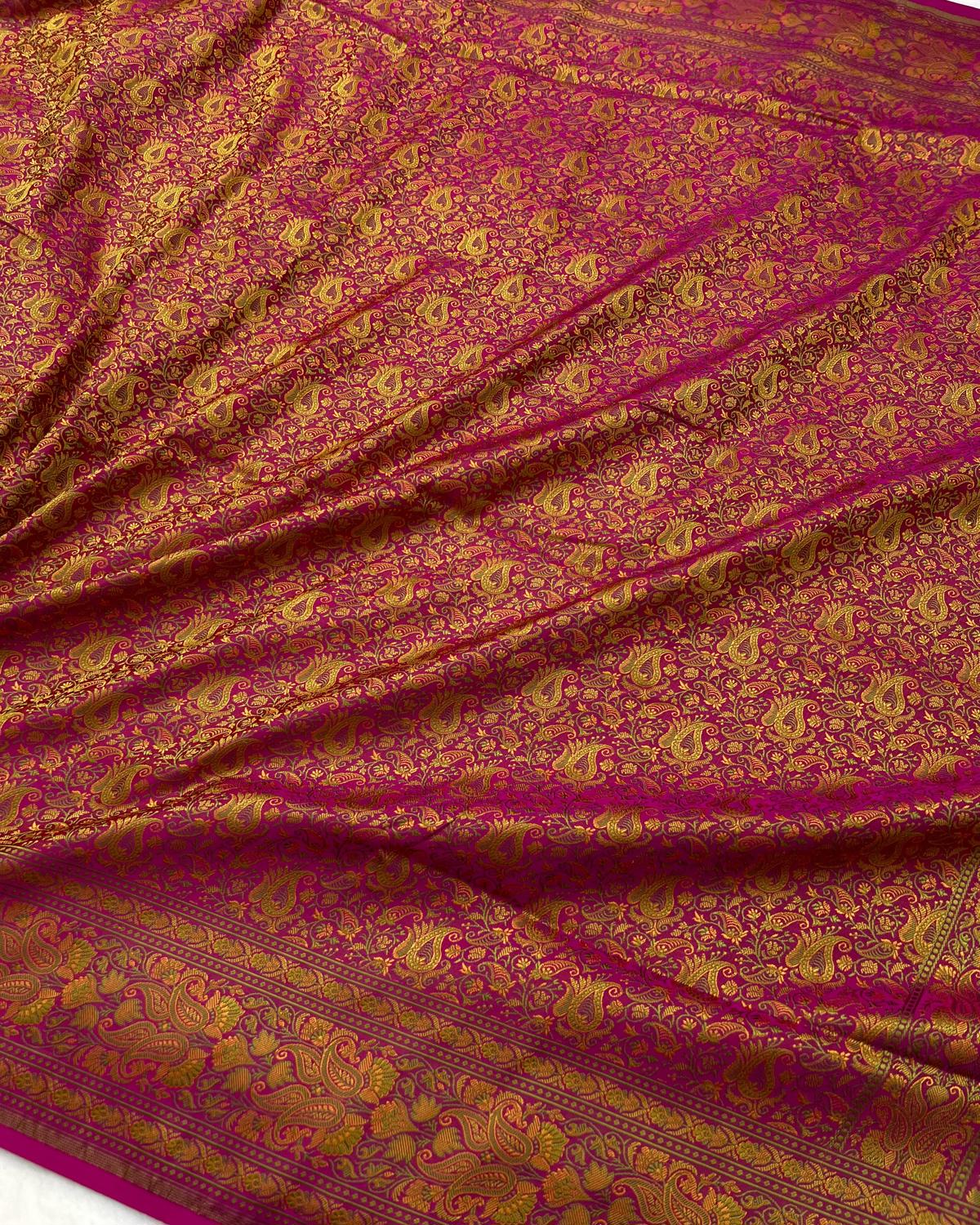 Rani Pink-Yellow Shades Pashmina Tanchui Floral Jaal Katan Silk Saree