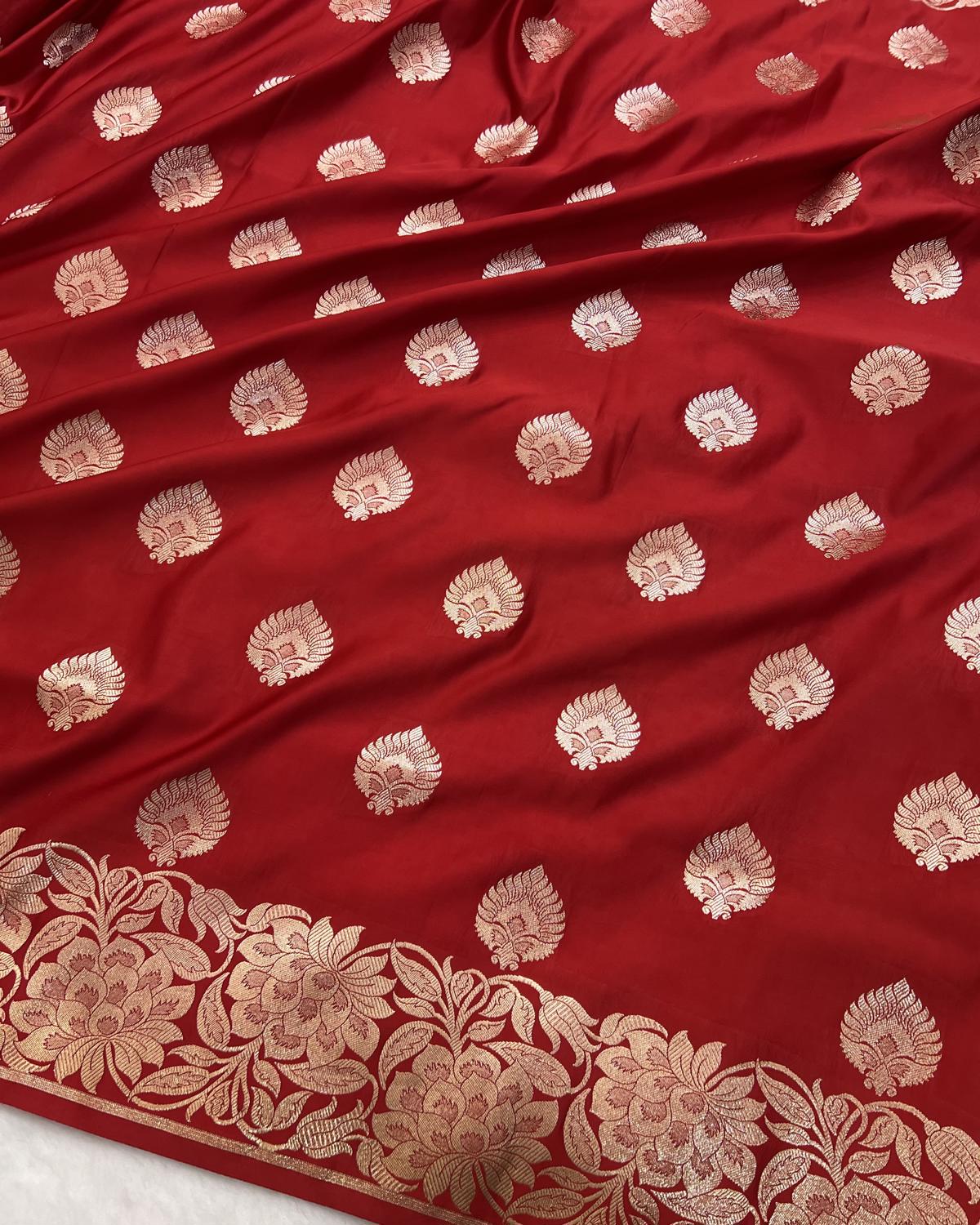 Classic Red Banarasi leafy Boota Katan Silk Saree