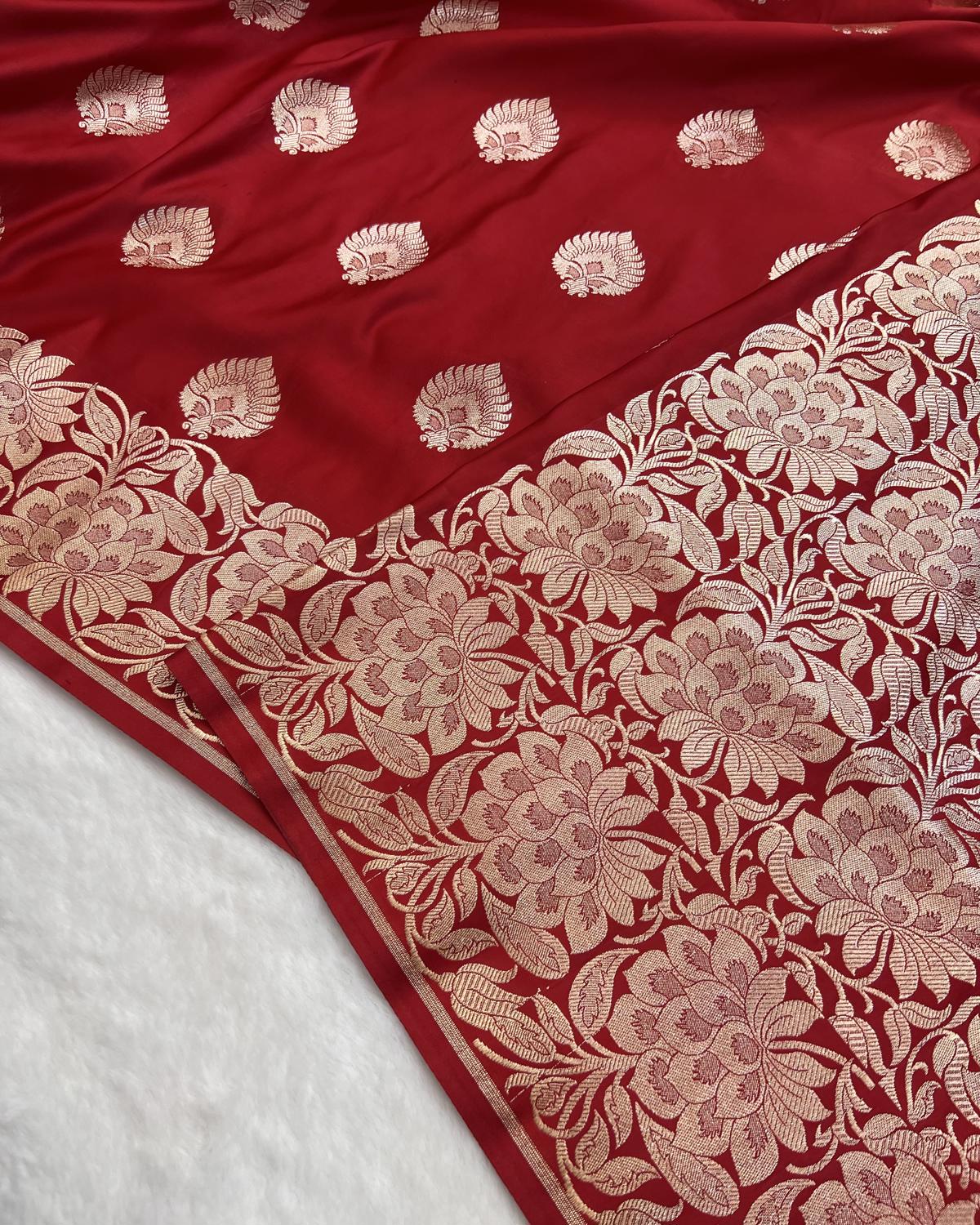 Classic Red Banarasi leafy Boota Katan Silk Saree