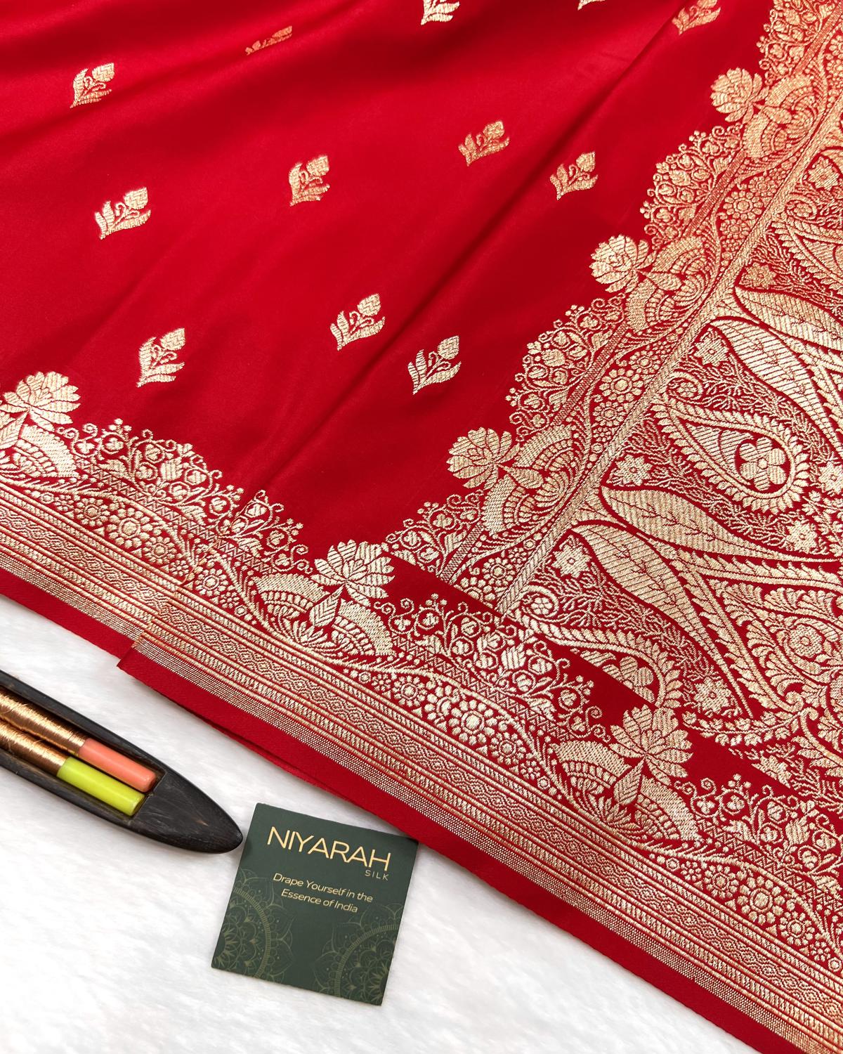 Red Shades Banarasi Floral Booti Open Border Mashru Katan Silk Saree