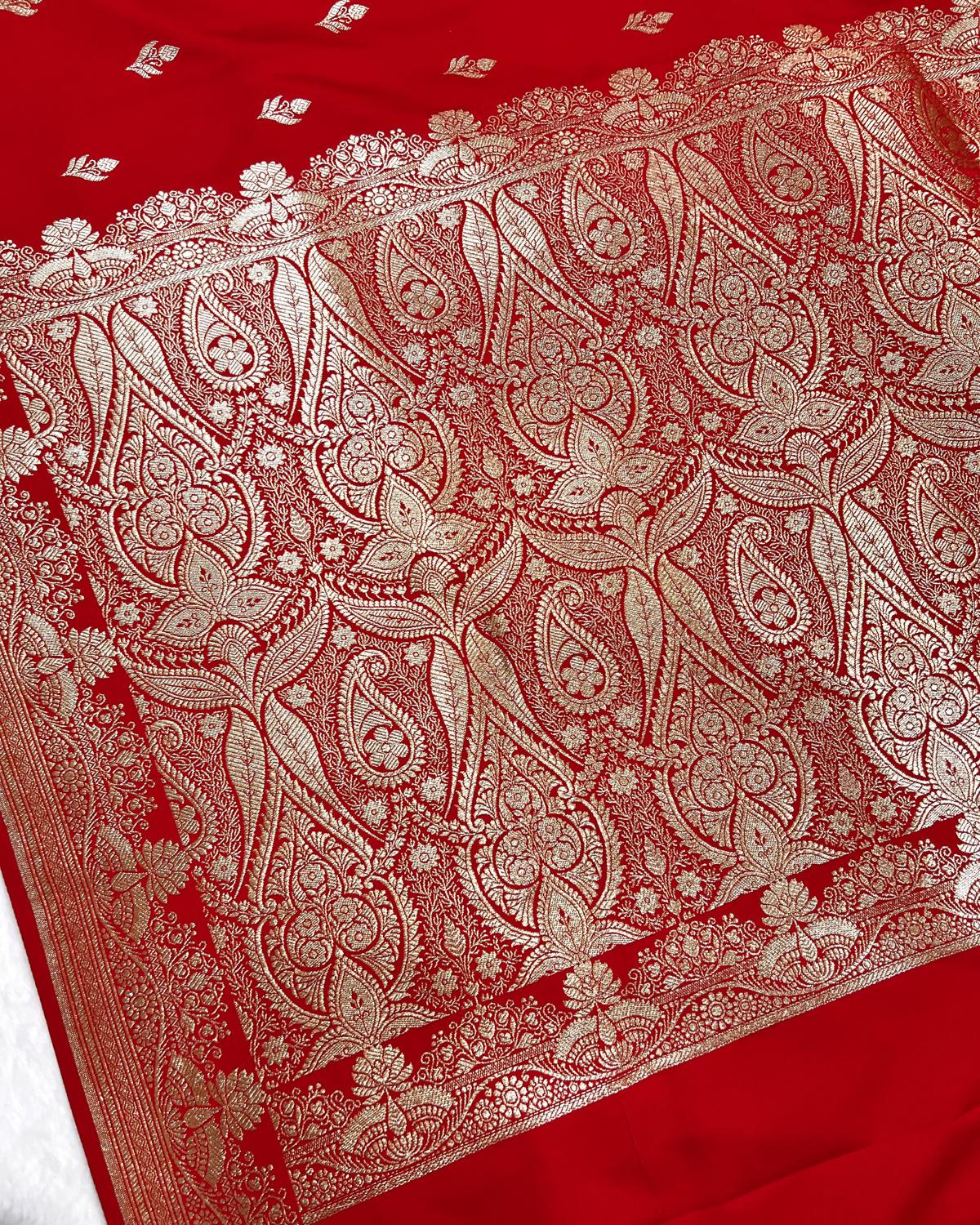Red Shades Banarasi Floral Booti Open Border Mashru Katan Silk Saree