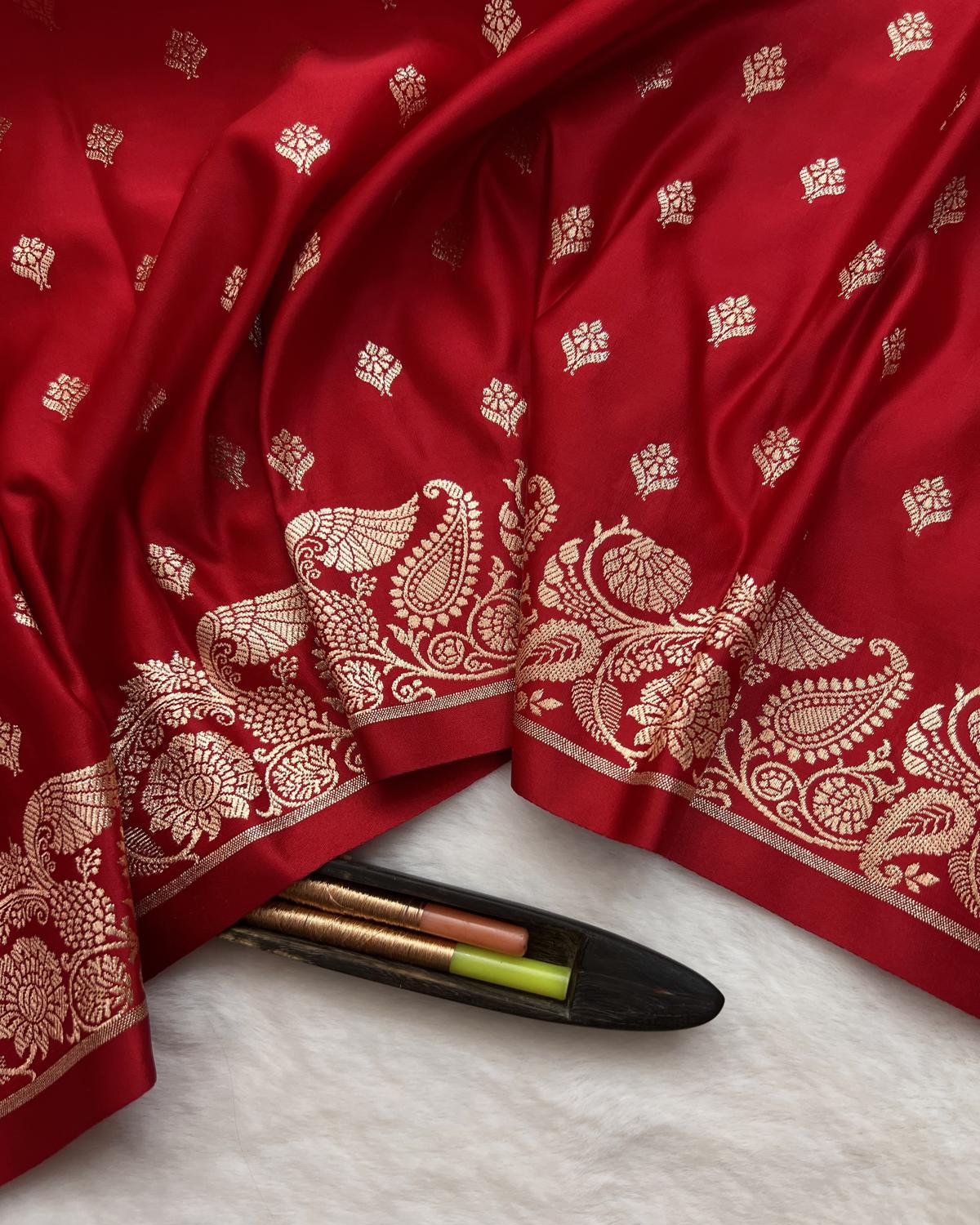 Red Banarasi Silk saree with zaari border for wedding and festive occasions- Niyarah | Buy red wedding Saree