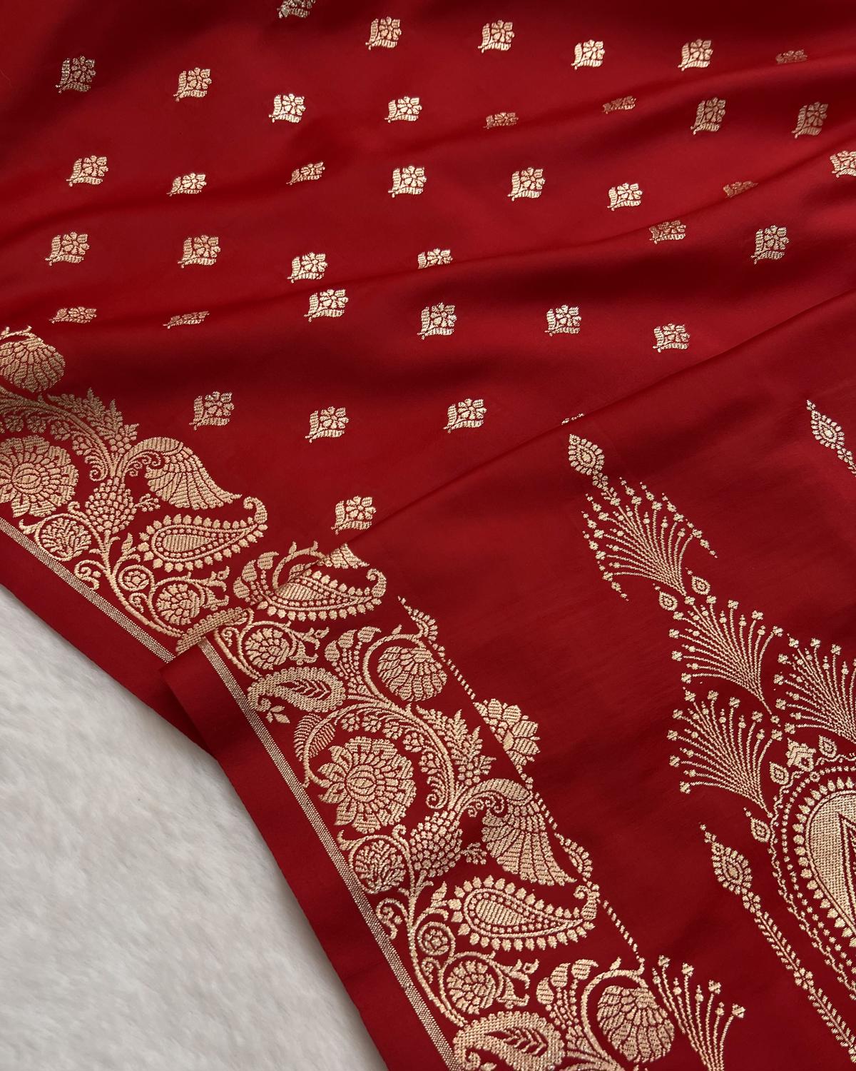 Soft red saree with silk fabric and gold zari detailing - Niyarah | shop latest red banarasi saree