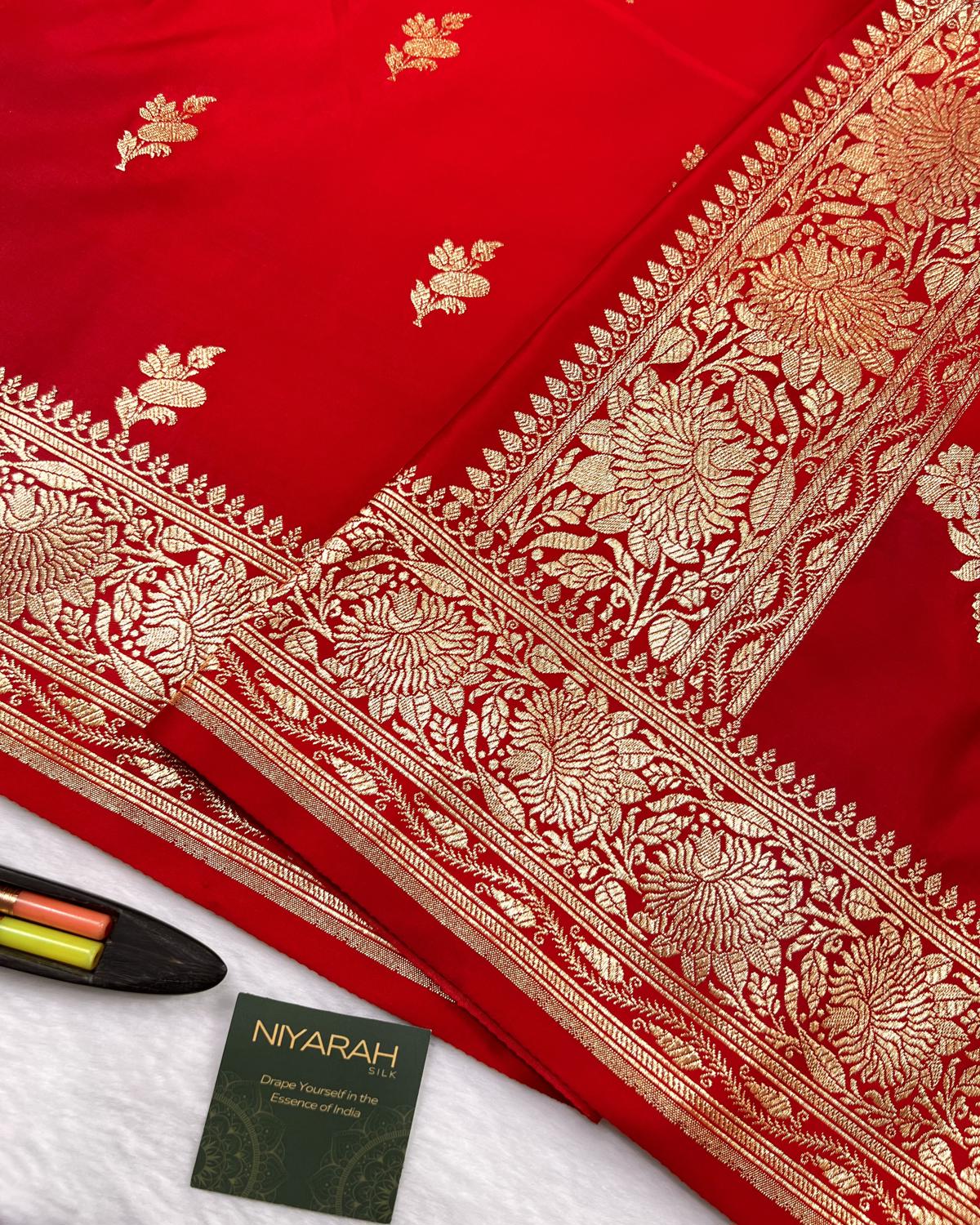 Red Banarasi Floral Booti Mashru Katan Silk Saree