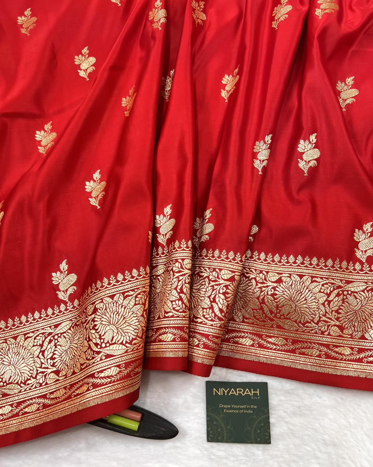 Red Banarasi Floral Booti Mashru Katan Silk Saree