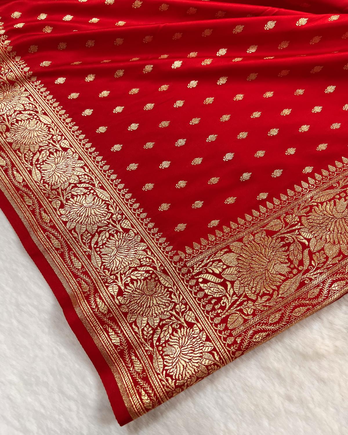 Red Banarasi Floral Booti Mashru Katan Silk Saree