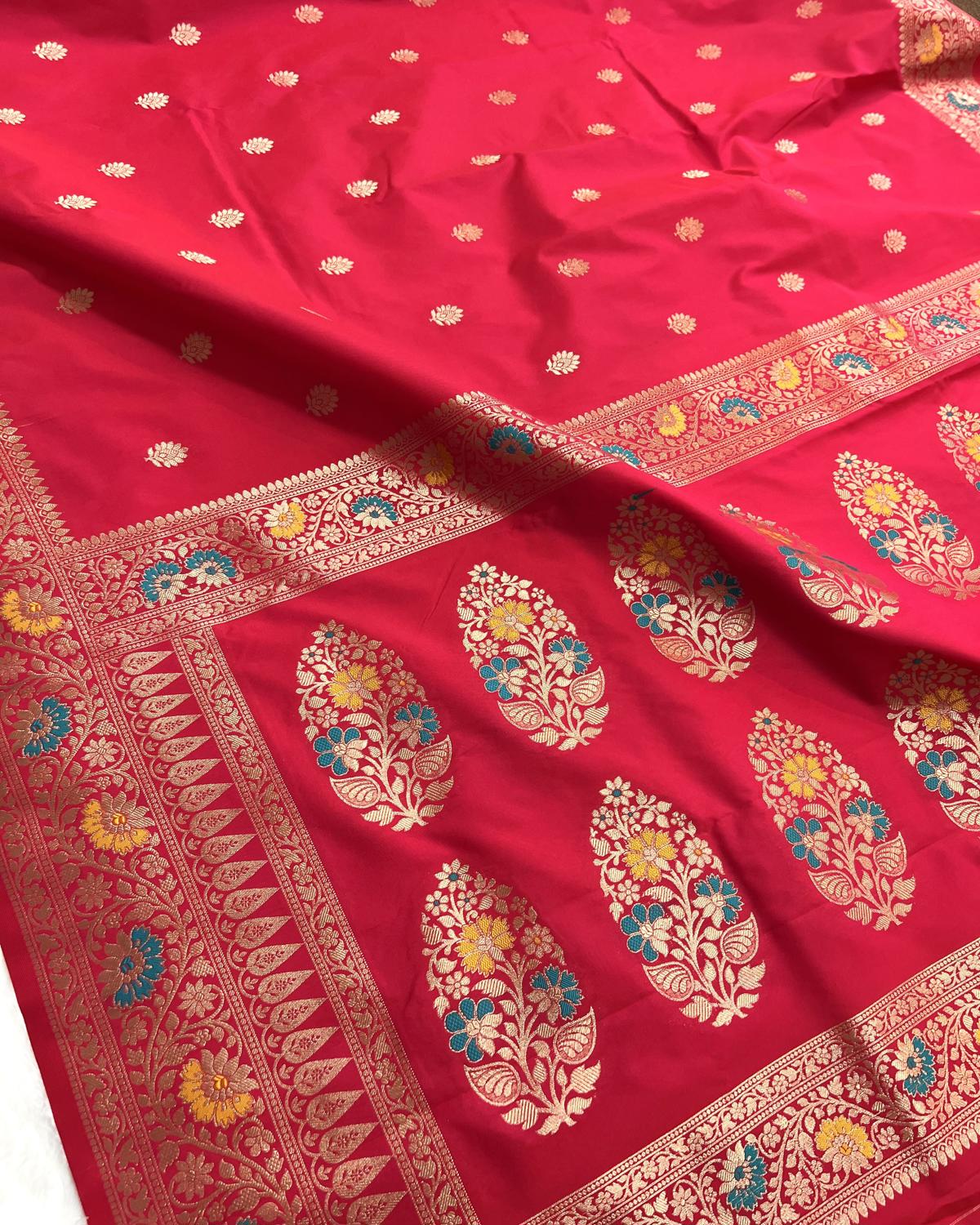Partywear Red Banarasi Leafy Boota Meena Border Katan Silk Saree