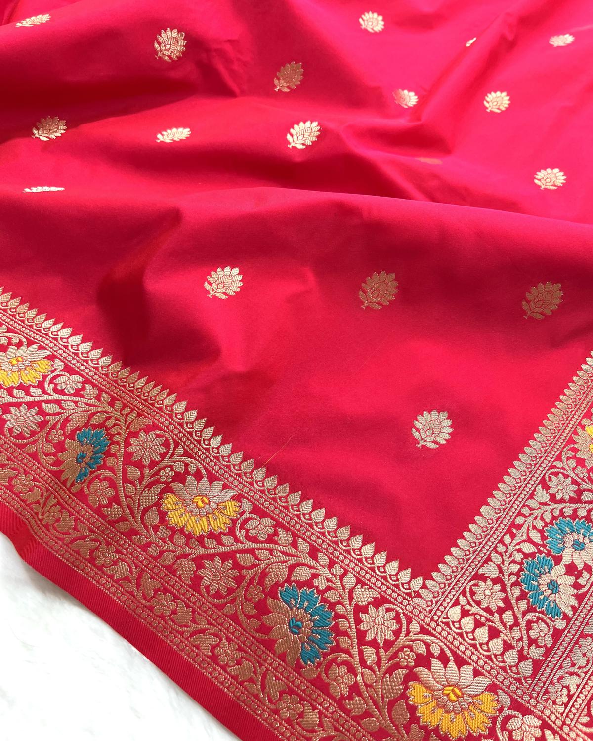 Partywear Red Banarasi Leafy Boota Meena Border Katan Silk Saree