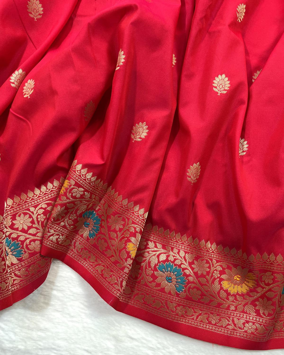 Partywear Red Banarasi Leafy Boota Meena Border Katan Silk Saree