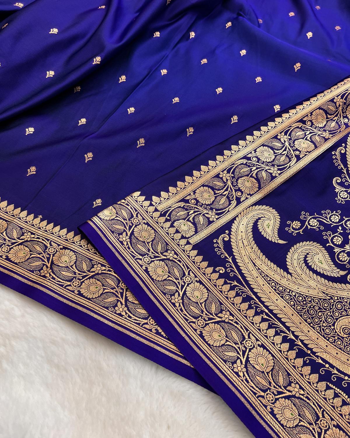 Royal Blue Banarasi Floral Booti Mashru Katan Silk Saree