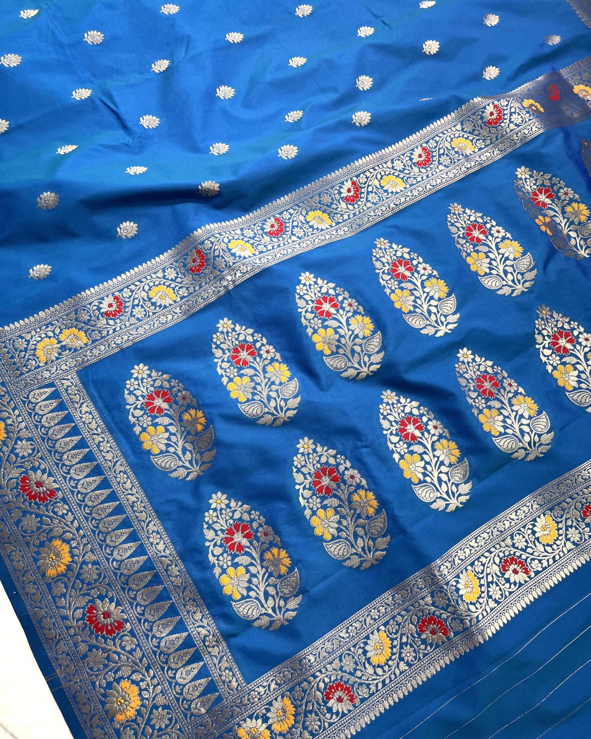 Partywear Blue Banarasi Leafy Boota Meena Border Katan Silk Saree