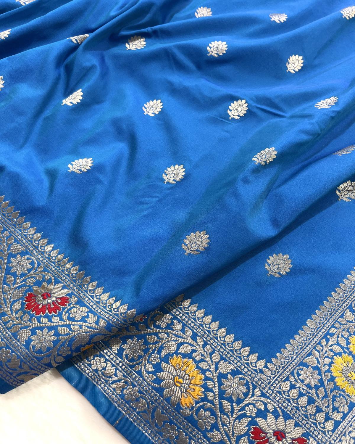 Partywear Blue Banarasi Leafy Boota Meena Border Katan Silk Saree