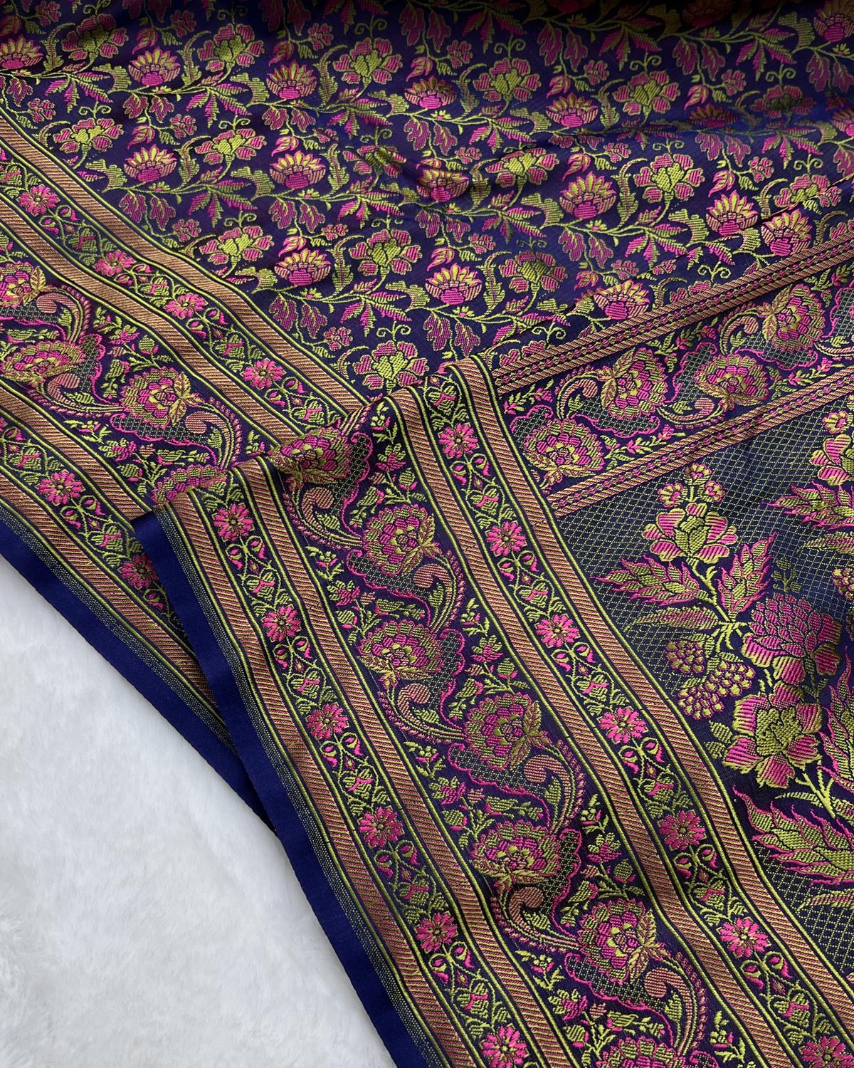 Royal Blue Tanchui Pashmina Floral Jaal Katan Silk Saree