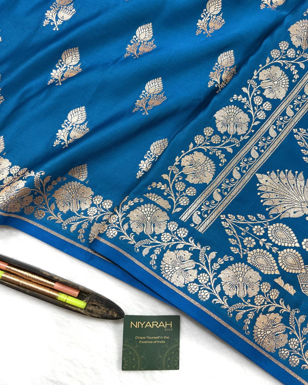 Blue Shades Banarasi Floral Double booti Mashru Katan Silk Saree