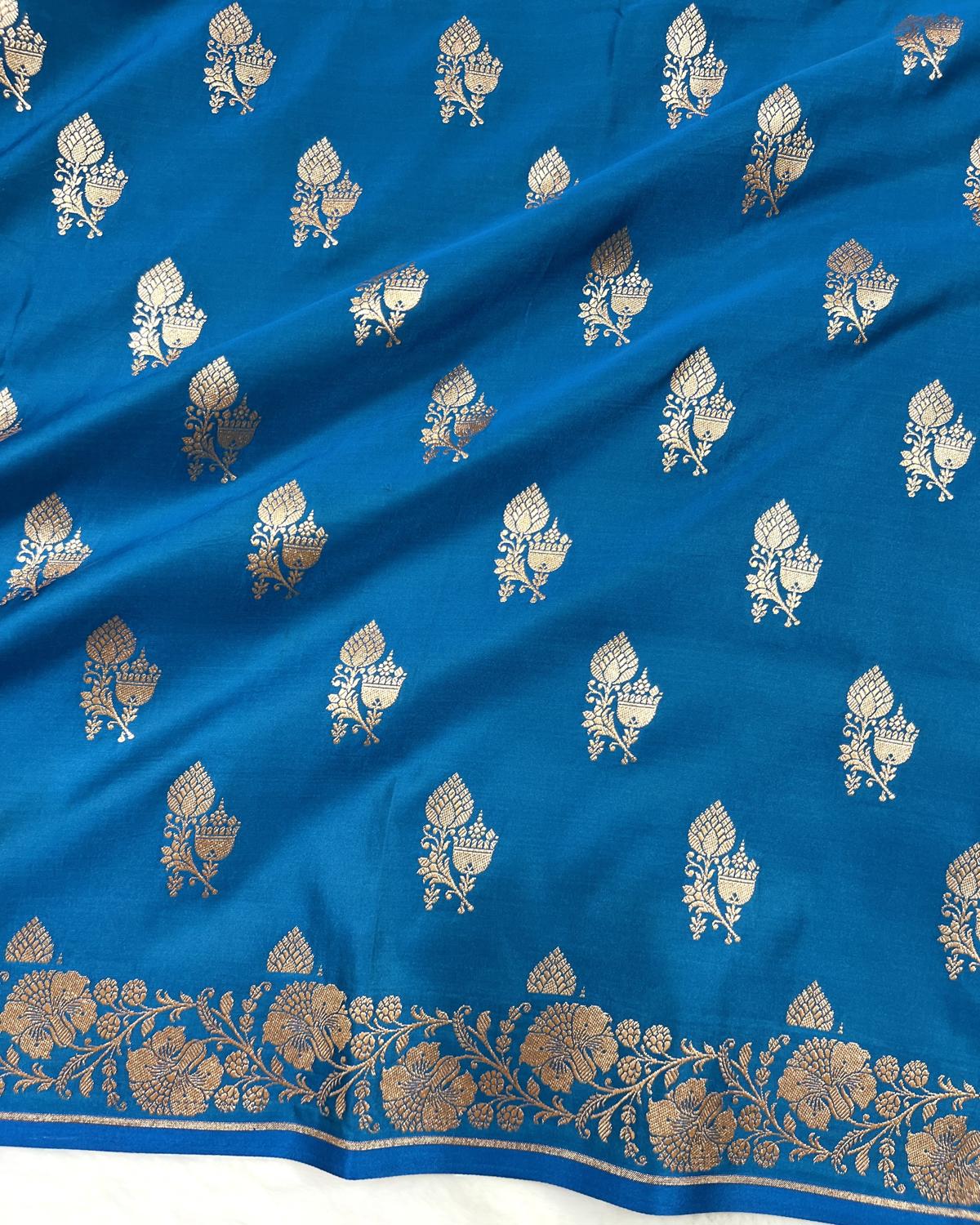Blue Shades Banarasi Floral Double booti Mashru Katan Silk Saree
