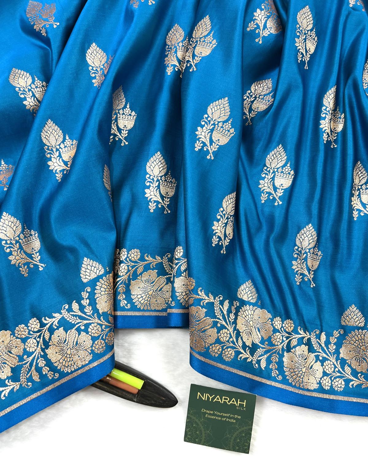 Blue Shades Banarasi Floral Double booti Mashru Katan Silk Saree