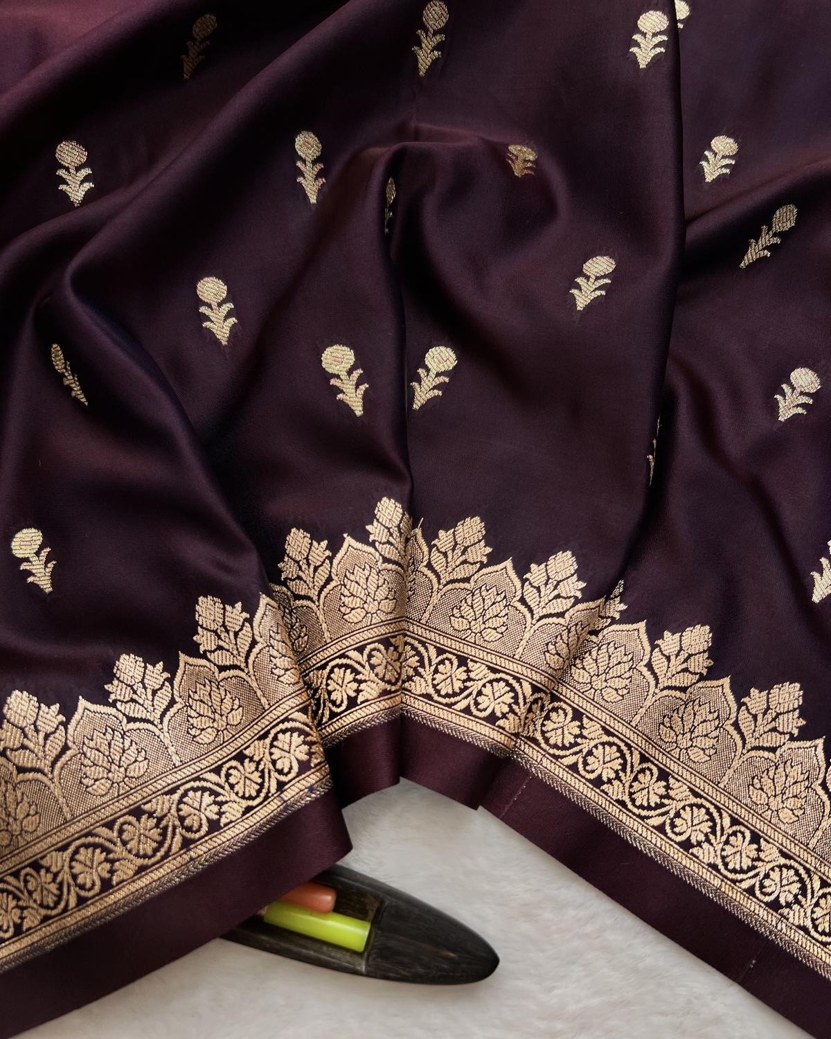 Wine banarasi Silk saree with gold zari border for wedding and festive occasions-Niyarah | Buy wine banarasi saree online