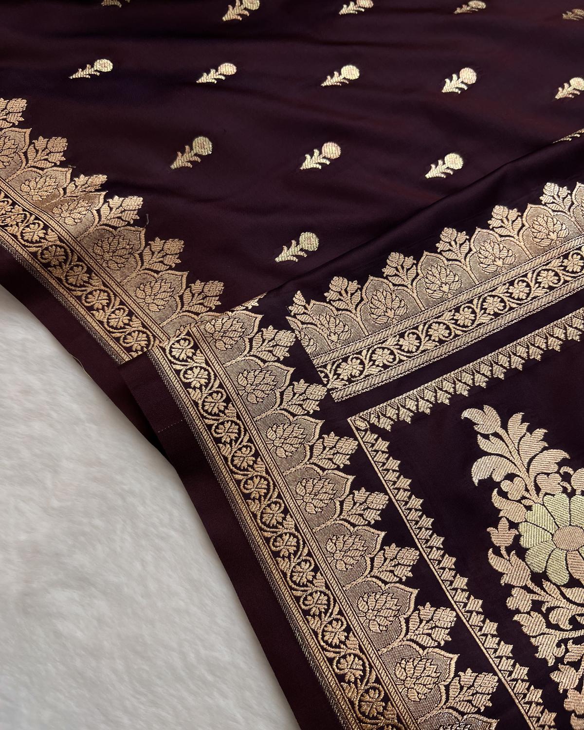 Elegant Floral meena buti zari body design on wine Banarasi silk mashru saree for bridal wear- Niyarah | Shop now