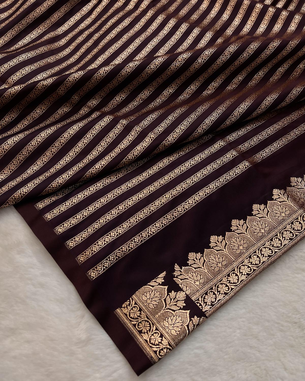 Matching wine Blouse piece with gold  zari stripes design for wedding banarasi saree- Niyarah | Buy online saree