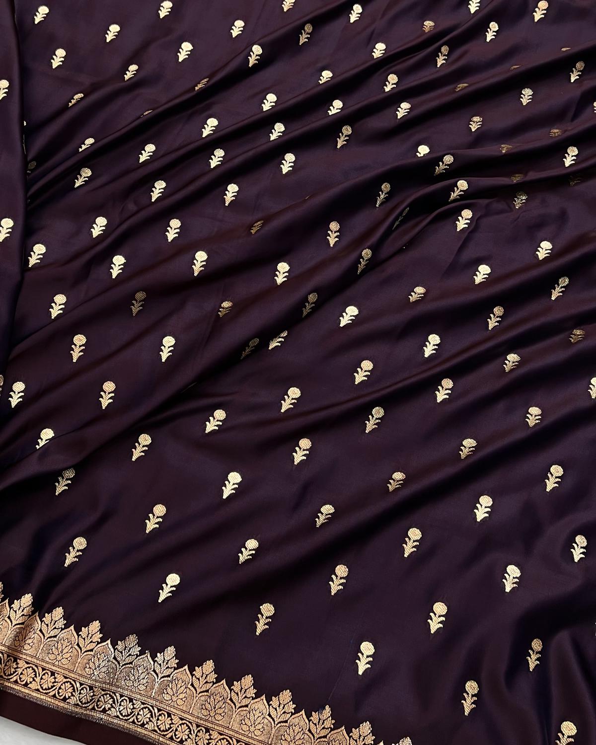 soft premium fabric of wine Banarasi  mashru katan silk saree with gold zari detailing - Niyarah | shop latest silk saree