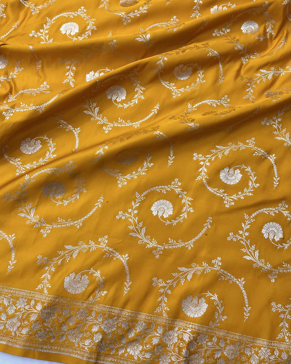 Yellow Shade Banarasi Floral Jaal Pattern Katan Silk Saree