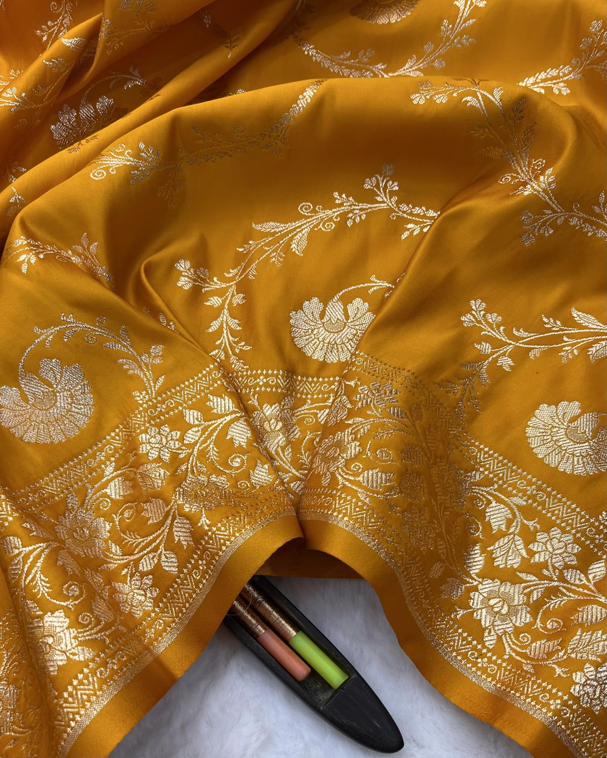 Yellow Shade Banarasi Floral Jaal Pattern Katan Silk Saree